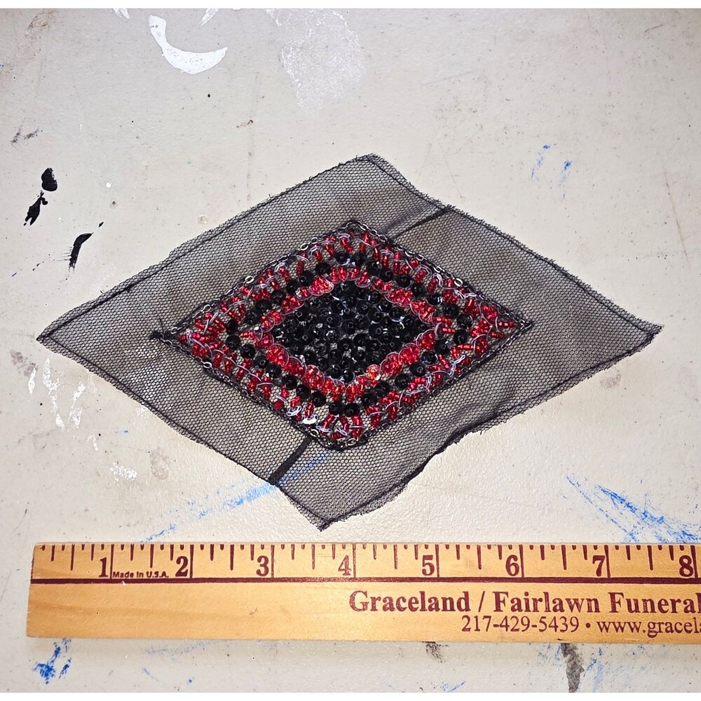 Black Red Beaded Sew-On Applique Patch on Mesh Diamond Shape Clothing Theme
